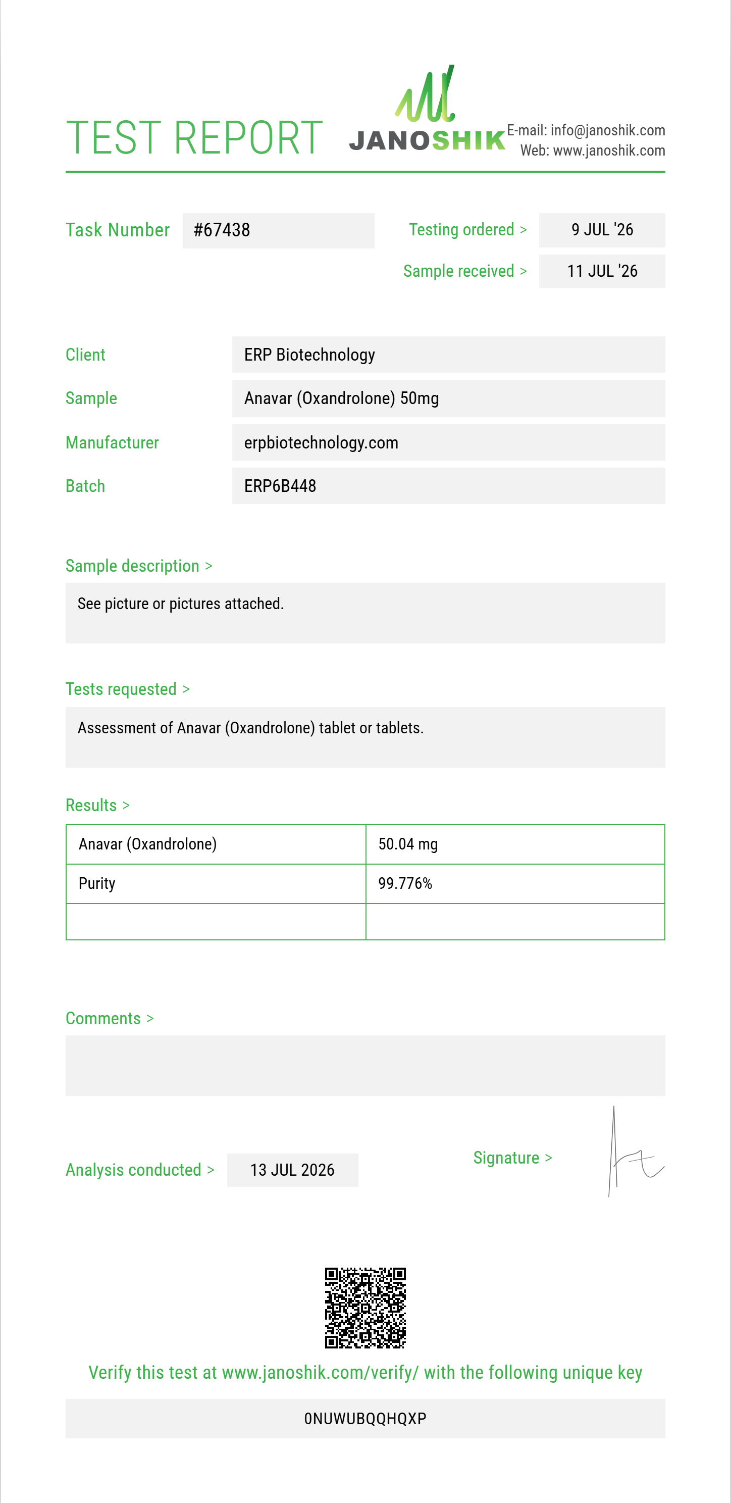 Anavar (Oxandrolone) Purity (HPLC) report by Janoshik Analytical