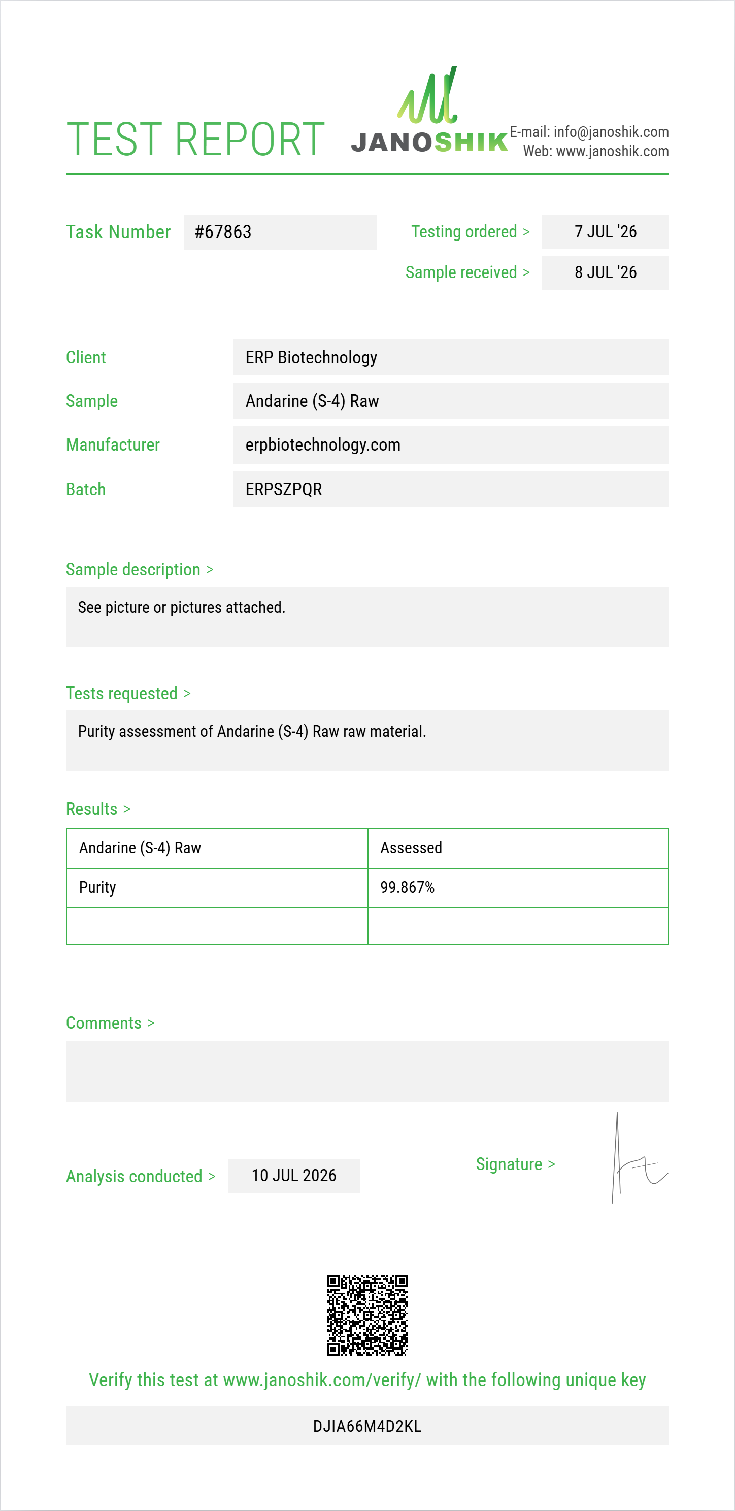 Andarine (S-4) Raw Purity (HPLC) report by Janoshik Analytical