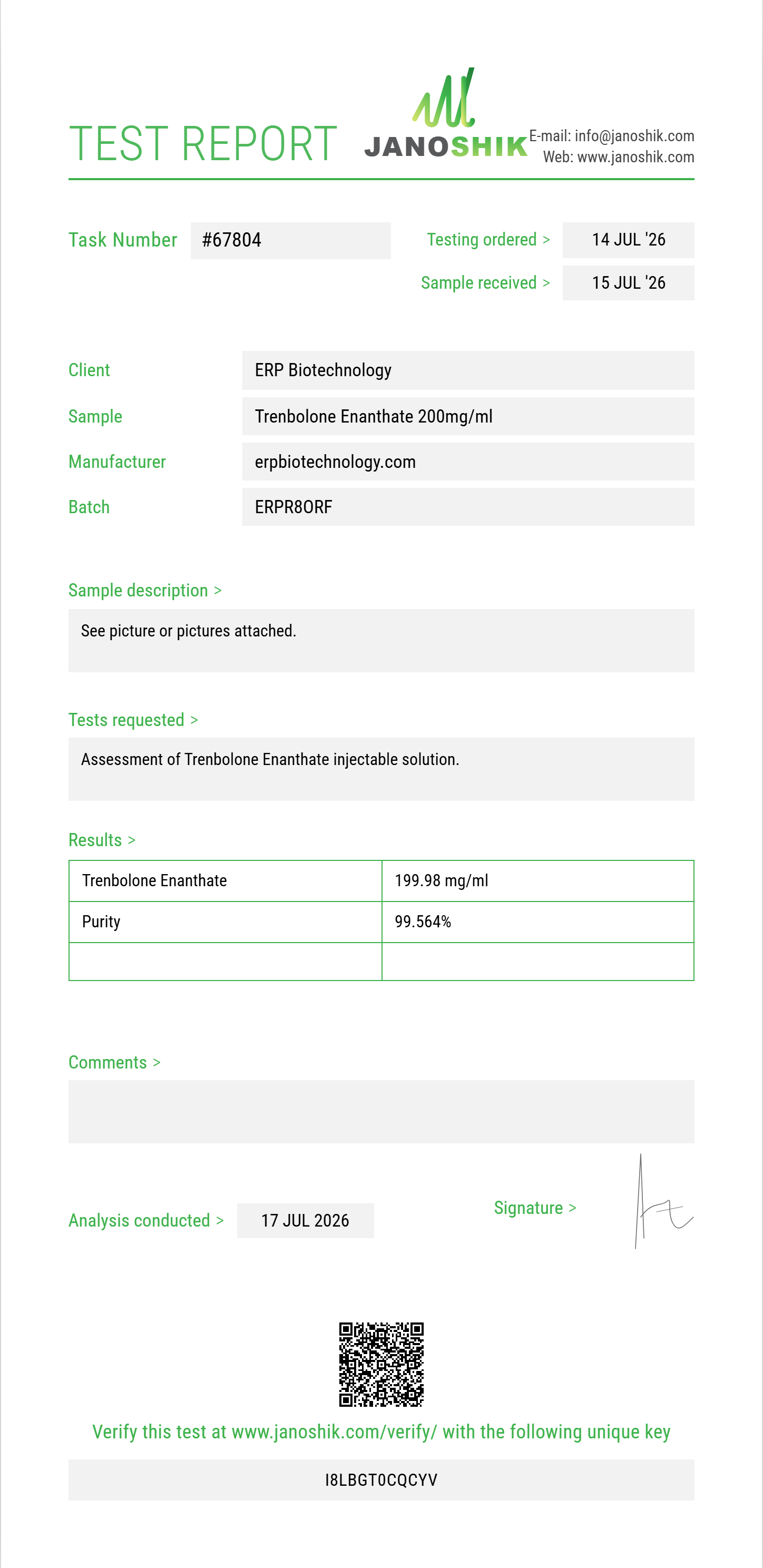 Trenbolone Enanthate Purity (HPLC) report by Janoshik Analytical