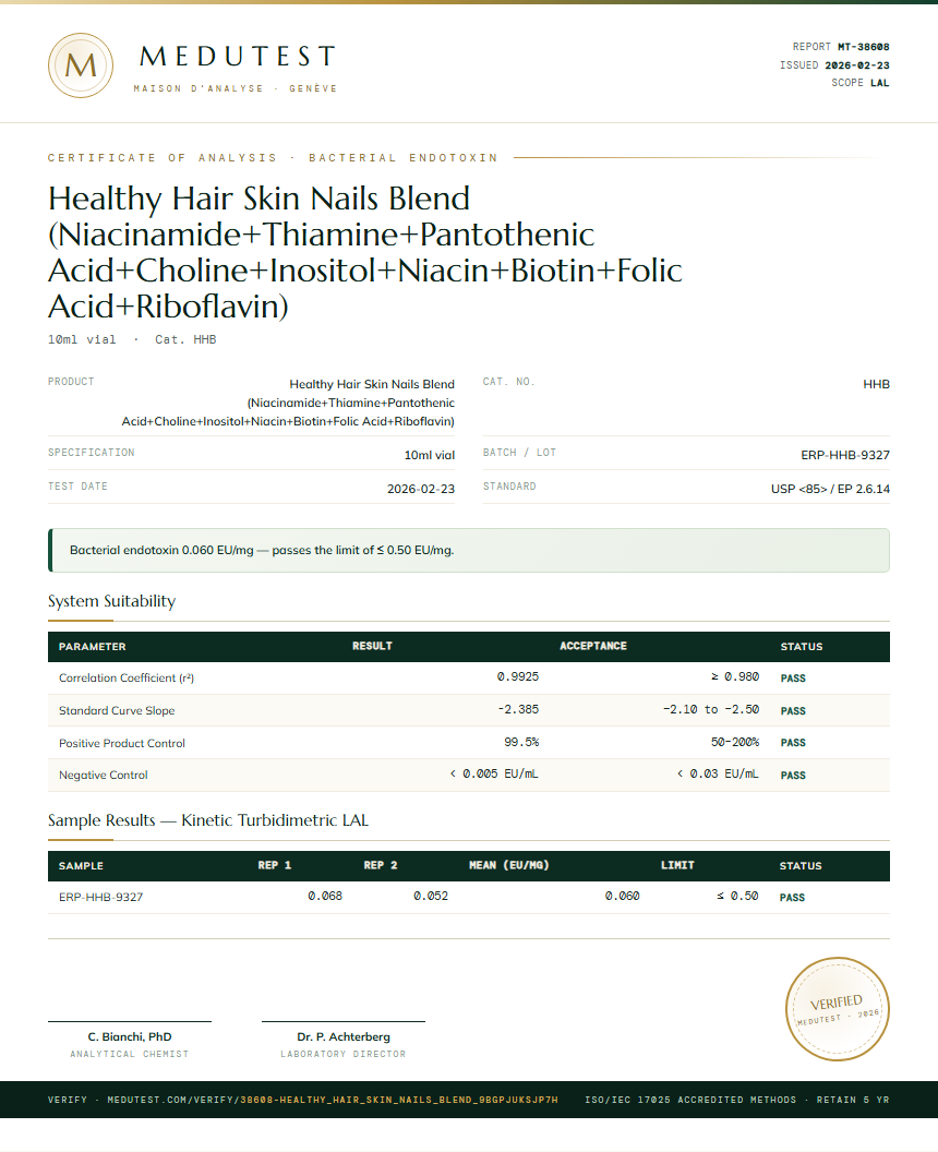 Healthy Hair Skin Nails Blend (Niacinamide+Thiamine+Pantothenic Acid+Choline+Inositol+Niacin+Biotin+Folic Acid+Riboflavin) Endotoxin report by Medu Laboratories
