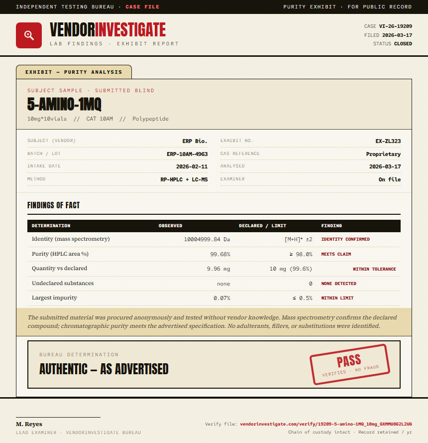 5-amino-1MQ Purity (HPLC) report by VendorInvestigator