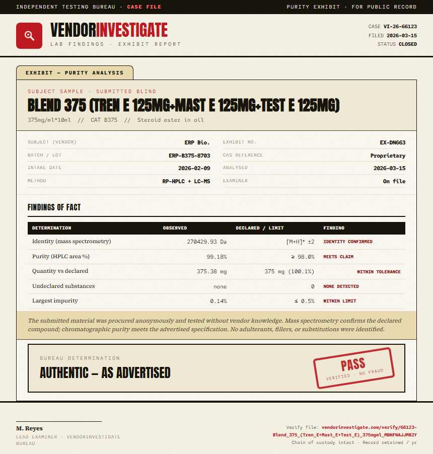 Blend 375 (Tren E 125mg+Mast E 125mg+Test E 125mg) Purity (HPLC) report by VendorInvestigator