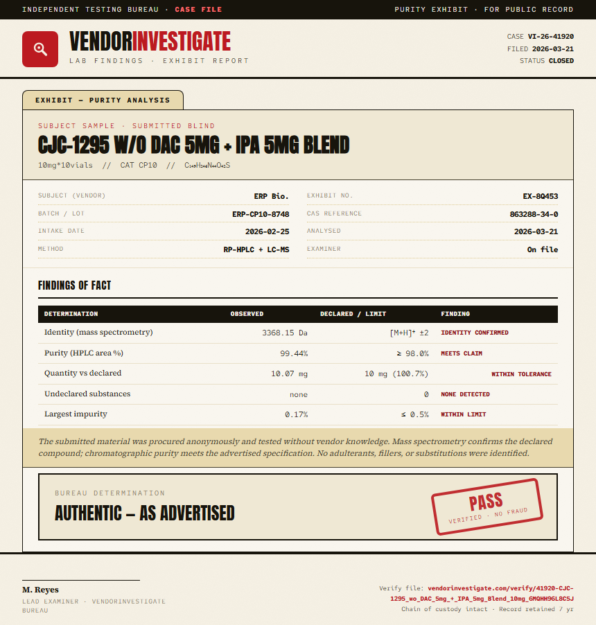 CJC-1295 w/o DAC 5mg + IPA 5mg Blend Purity (HPLC) report by VendorInvestigator