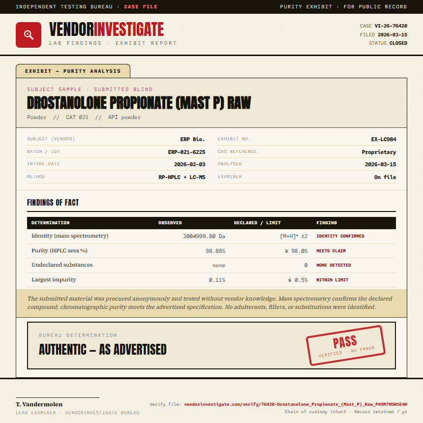 Drostanolone Propionate (Mast P) Raw Purity (HPLC) report by VendorInvestigator