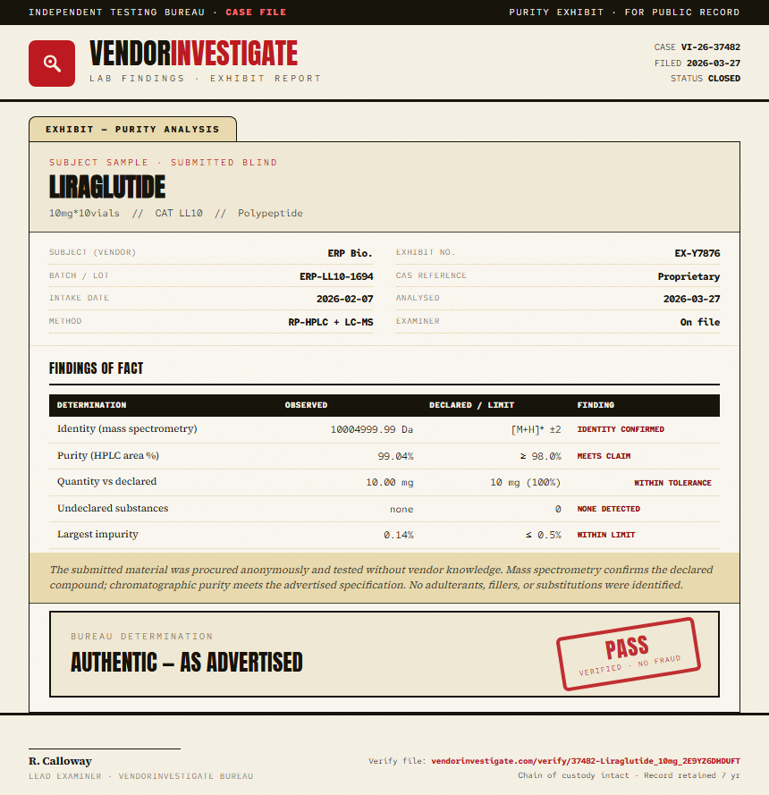 Liraglutide Purity (HPLC) report by VendorInvestigator