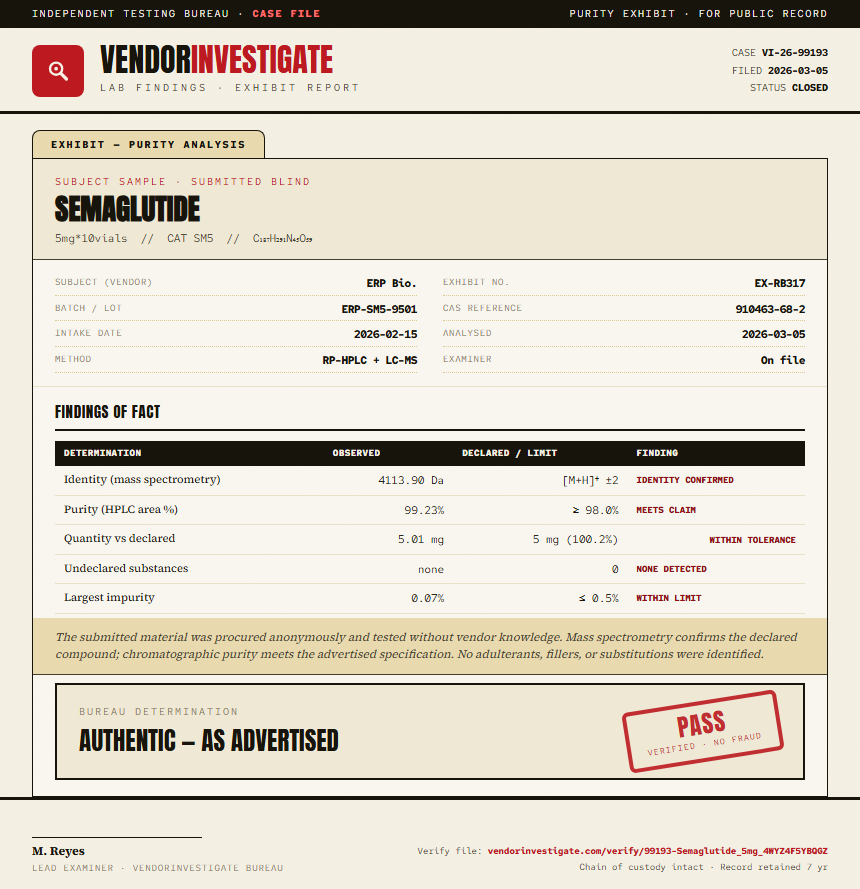 Semaglutide Purity (HPLC) report by VendorInvestigator