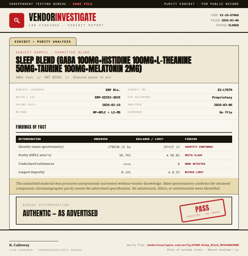 Sleep Blend (GABA 100mg+Histidine 100mg+L-Theanine 50mg+Taurine 100mg+Melatonin 2mg) Purity (HPLC) report by VendorInvestigator