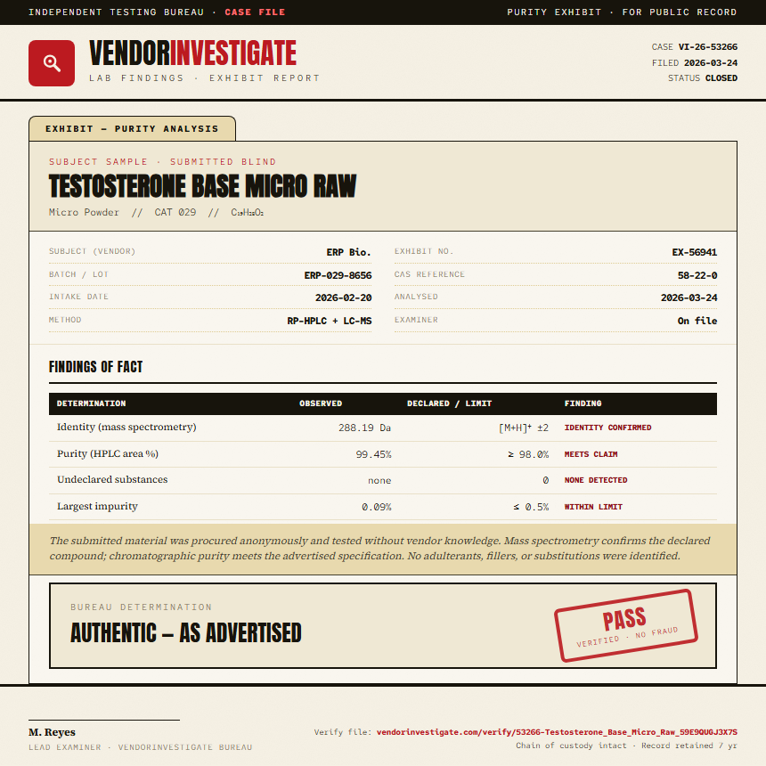 Testosterone Base Micro Raw Purity (HPLC) report by VendorInvestigator