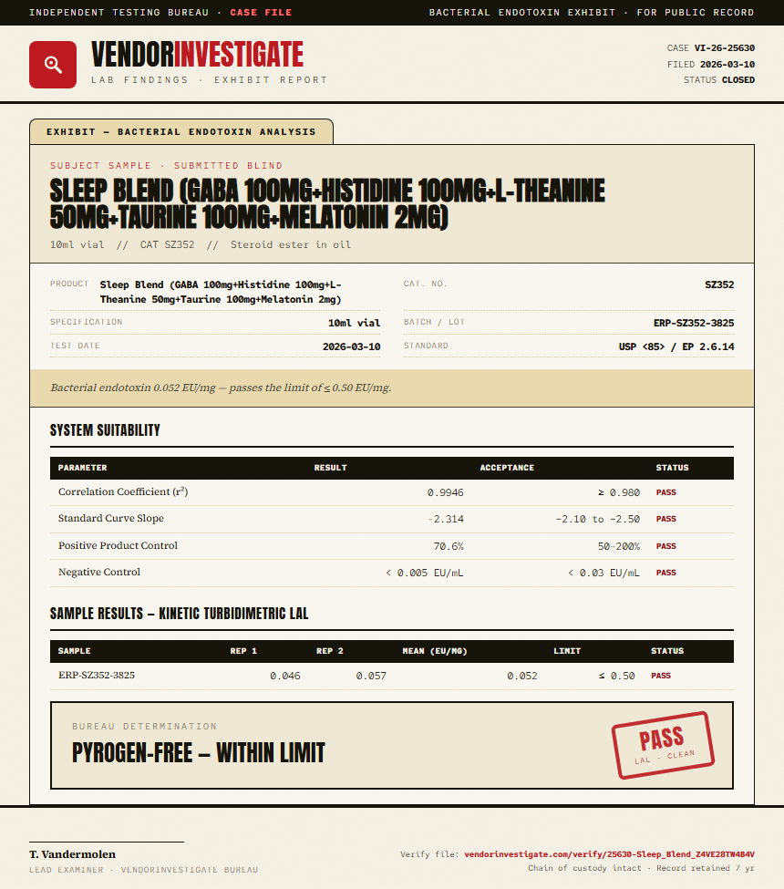 Sleep Blend (GABA 100mg+Histidine 100mg+L-Theanine 50mg+Taurine 100mg+Melatonin 2mg) Endotoxin report by VendorInvestigator